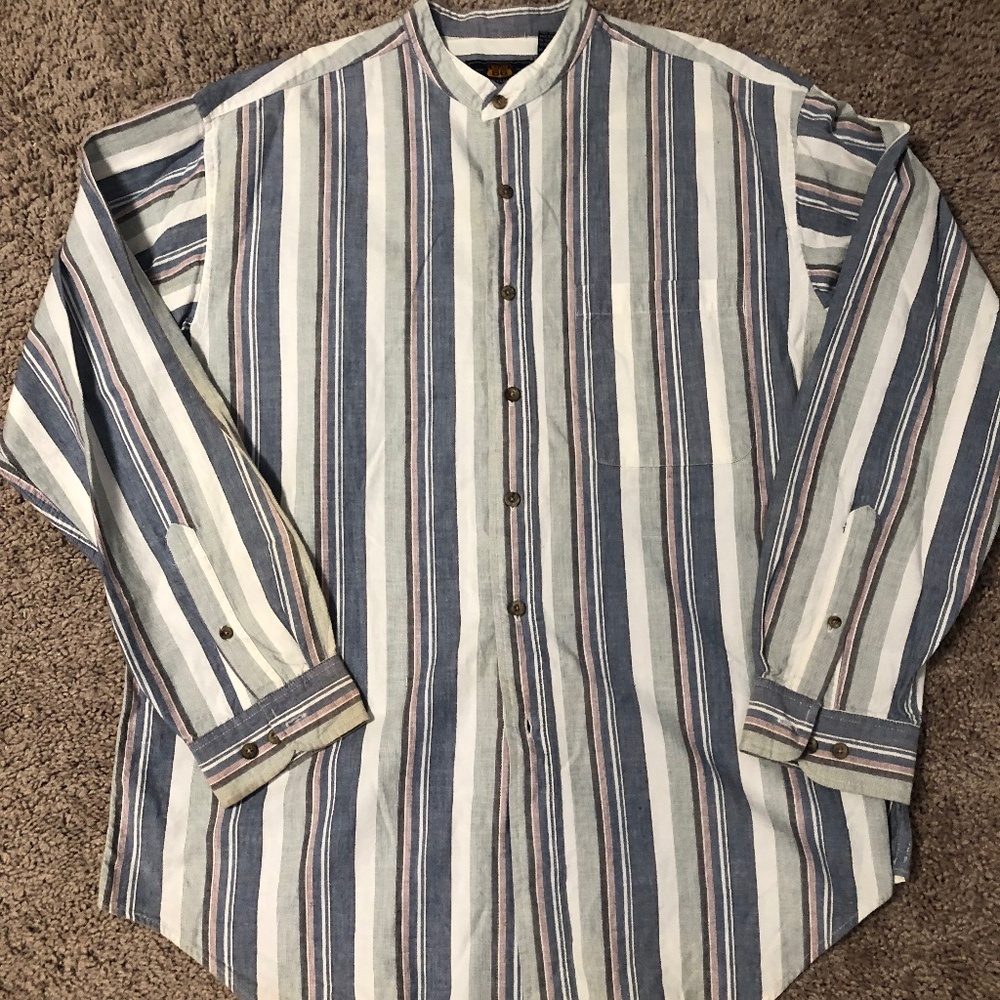 Route 66 Mens Long Sleeve Shirt Size M 100% Cotton gray white and beige stripped